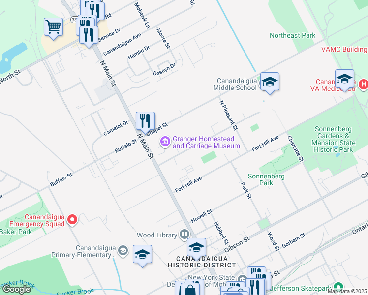 map of restaurants, bars, coffee shops, grocery stores, and more near 60 Granger Street in Canandaigua