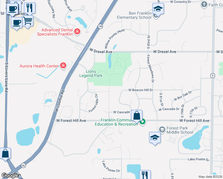 map of restaurants, bars, coffee shops, grocery stores, and more near 8211 South 88th Street in Franklin