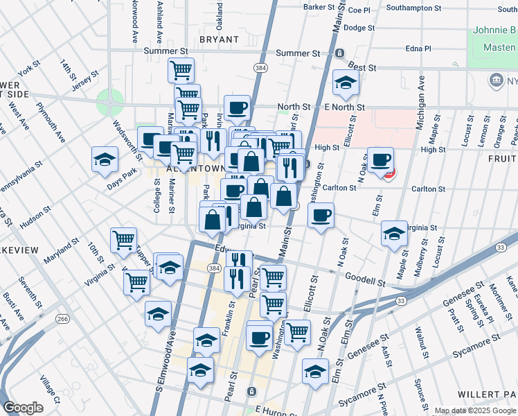 map of restaurants, bars, coffee shops, grocery stores, and more near 441 Franklin Street in Buffalo
