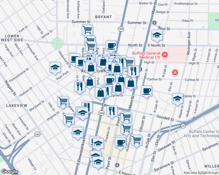 map of restaurants, bars, coffee shops, grocery stores, and more near 469 Delaware Avenue in Buffalo