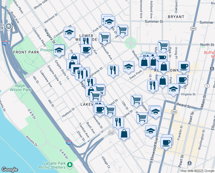 map of restaurants, bars, coffee shops, grocery stores, and more near 235 Hudson Street in Buffalo