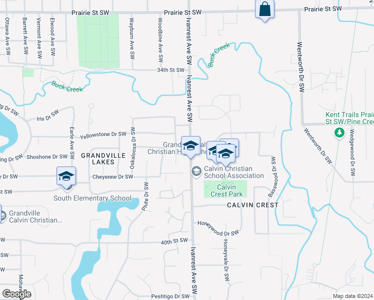 map of restaurants, bars, coffee shops, grocery stores, and more near 3683 Ivanrest Avenue Southwest in Grandville