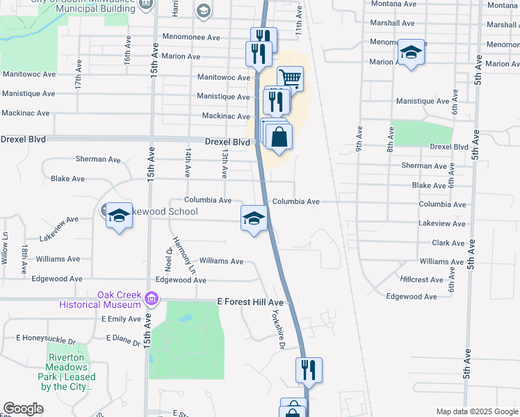 map of restaurants, bars, coffee shops, grocery stores, and more near 3424 Wisconsin 32 in South Milwaukee