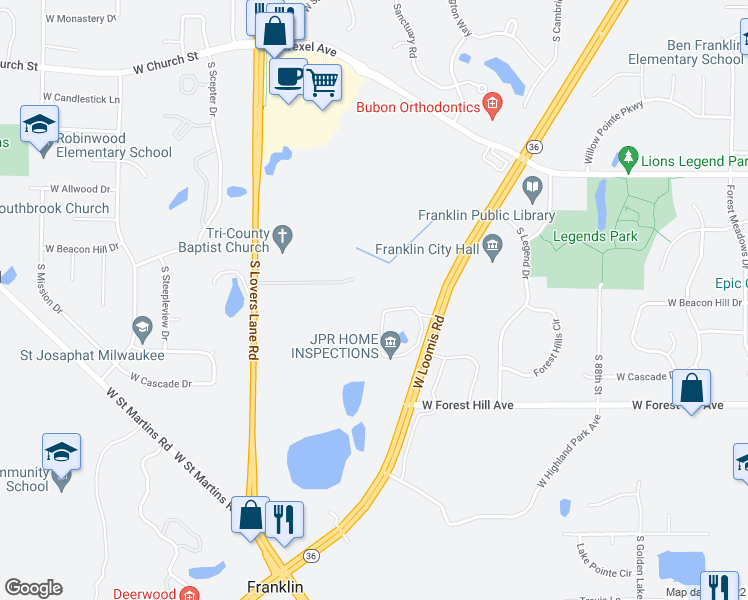 map of restaurants, bars, coffee shops, grocery stores, and more near 9364 West Loomis Road in Franklin