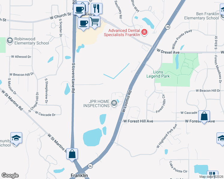 map of restaurants, bars, coffee shops, grocery stores, and more near 9364 West Loomis Road in Franklin