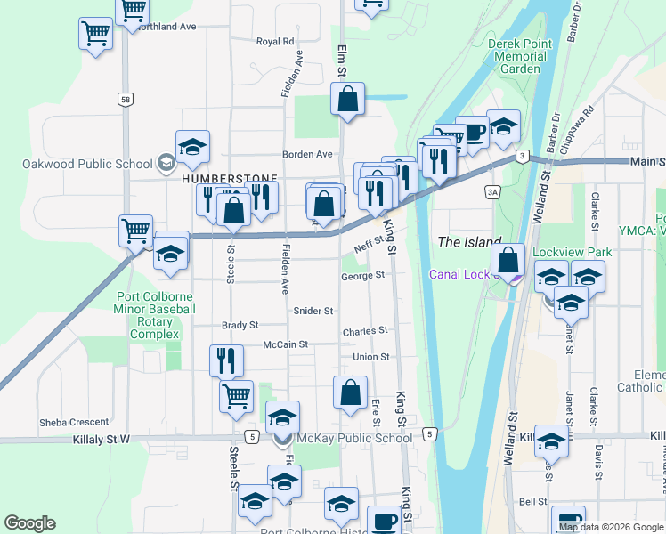 map of restaurants, bars, coffee shops, grocery stores, and more near 718 Elm Street in Port Colborne
