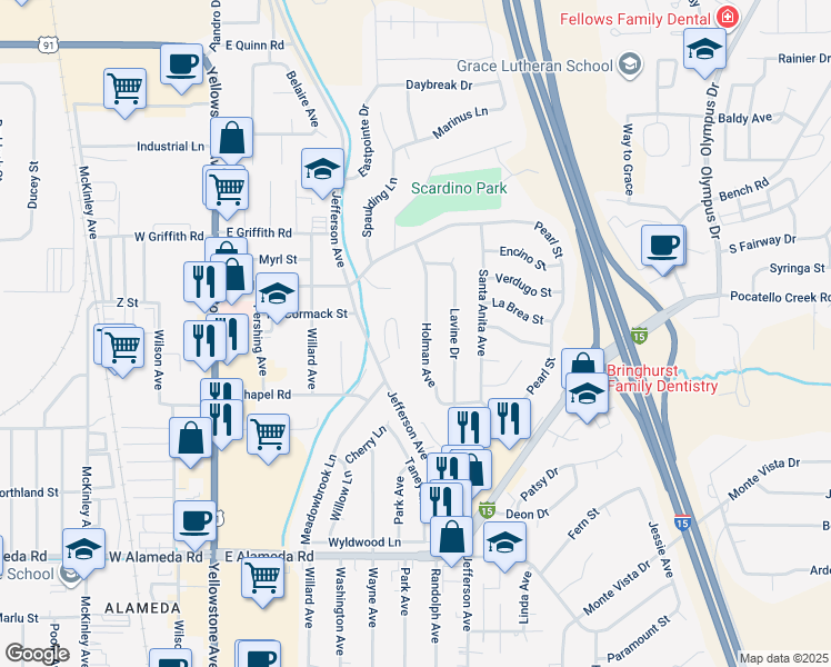 map of restaurants, bars, coffee shops, grocery stores, and more near 1200 Holman Avenue in Pocatello