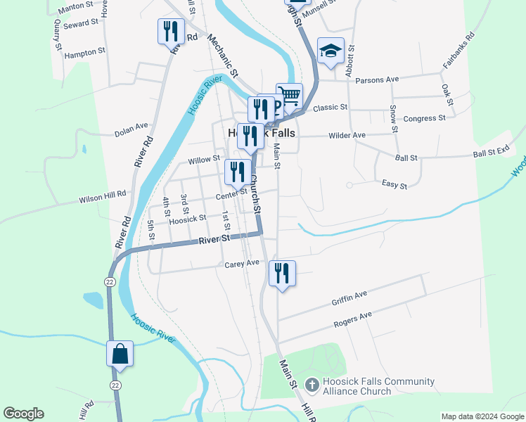 map of restaurants, bars, coffee shops, grocery stores, and more near 140 Church Street in Hoosick Falls
