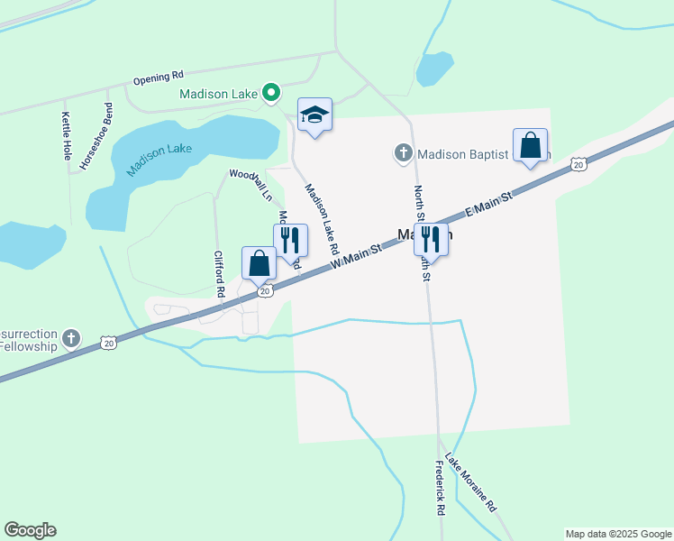 map of restaurants, bars, coffee shops, grocery stores, and more near 7280 U.S. 20 in Madison