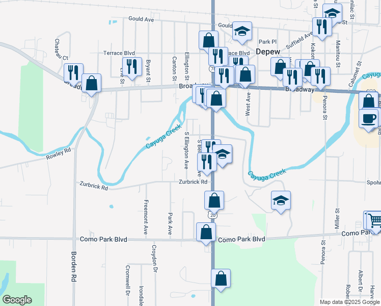 map of restaurants, bars, coffee shops, grocery stores, and more near 37 South Ellington Avenue in Depew