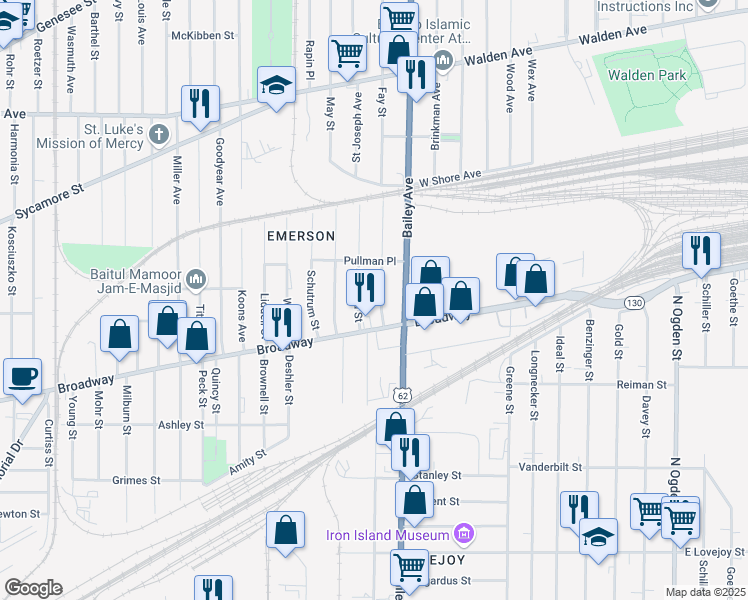 map of restaurants, bars, coffee shops, grocery stores, and more near 1582 Broadway in Buffalo