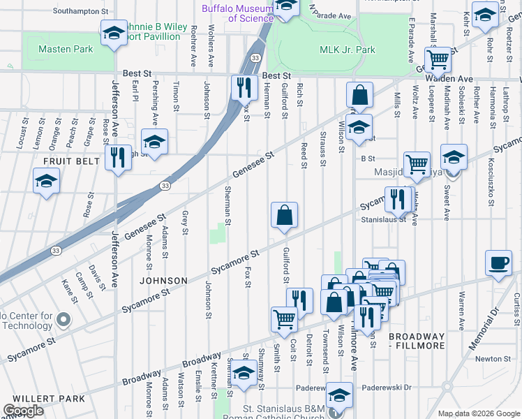 map of restaurants, bars, coffee shops, grocery stores, and more near 179 Herman Street in Buffalo