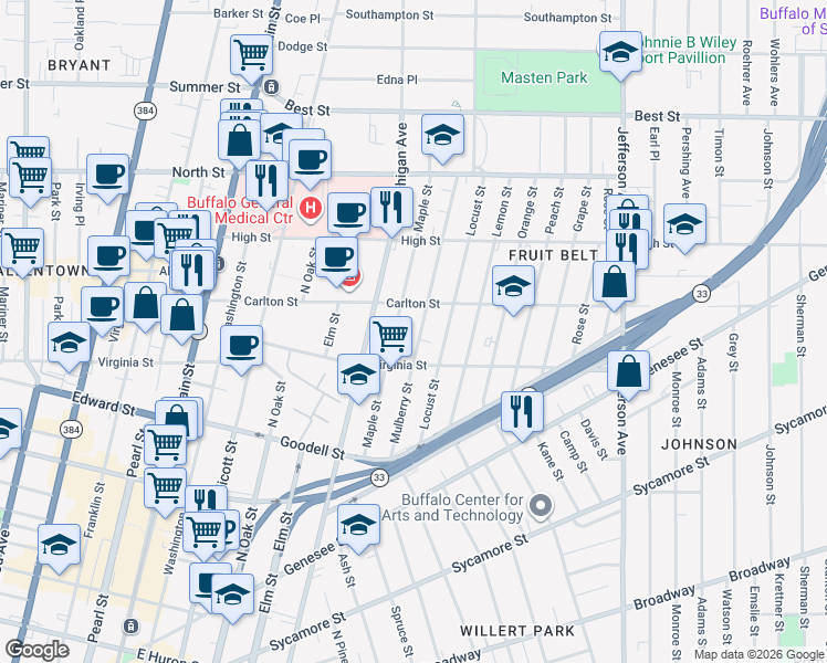map of restaurants, bars, coffee shops, grocery stores, and more near 128 Mulberry Street in Buffalo