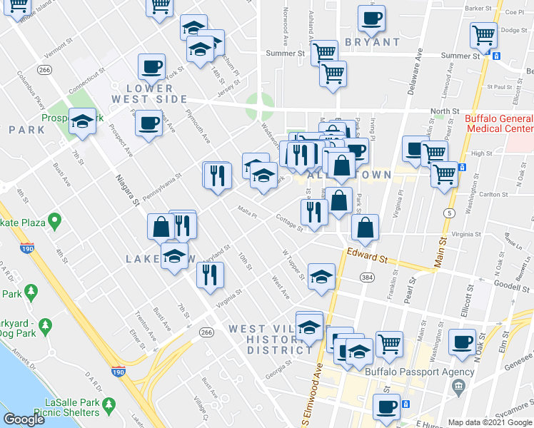 map of restaurants, bars, coffee shops, grocery stores, and more near 305 Maryland Street in Buffalo