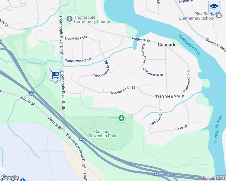 map of restaurants, bars, coffee shops, grocery stores, and more near 6654 Woodbrook Drive Southeast in Grand Rapids