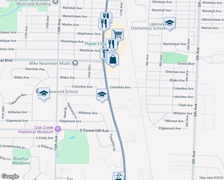map of restaurants, bars, coffee shops, grocery stores, and more near 3411 Wisconsin 32 in South Milwaukee