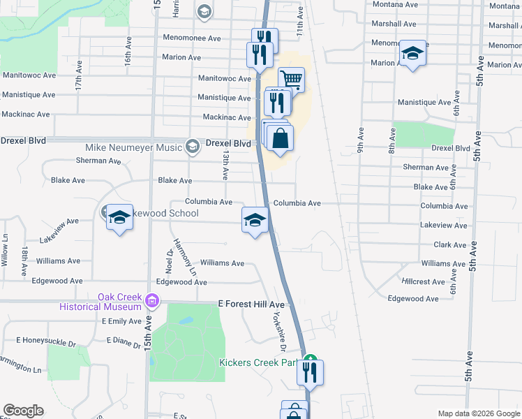 map of restaurants, bars, coffee shops, grocery stores, and more near 3424 Wisconsin 32 in South Milwaukee