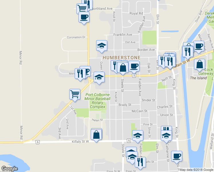 map of restaurants, bars, coffee shops, grocery stores, and more near 149 Oakwood Street in Port Colborne