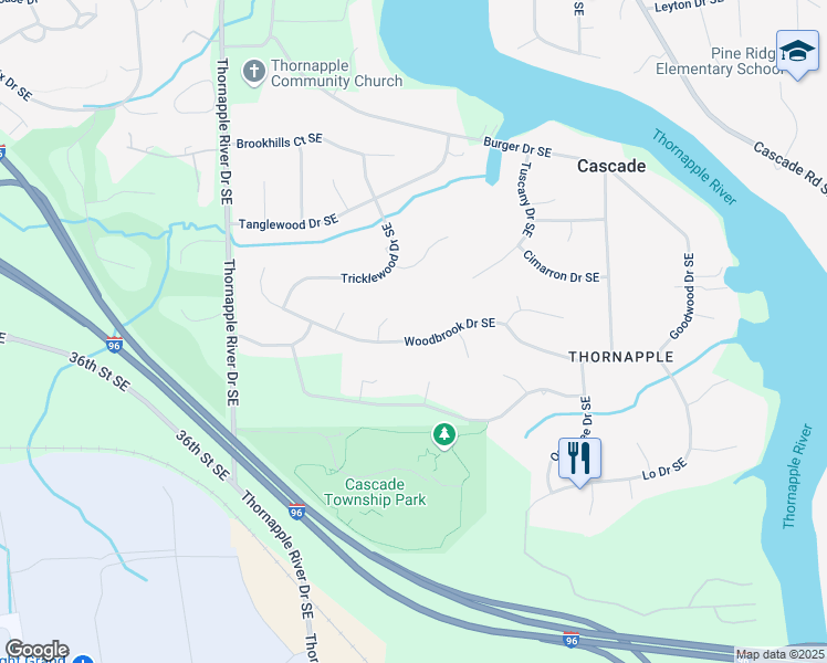 map of restaurants, bars, coffee shops, grocery stores, and more near 6654 Woodbrook Drive Southeast in Grand Rapids