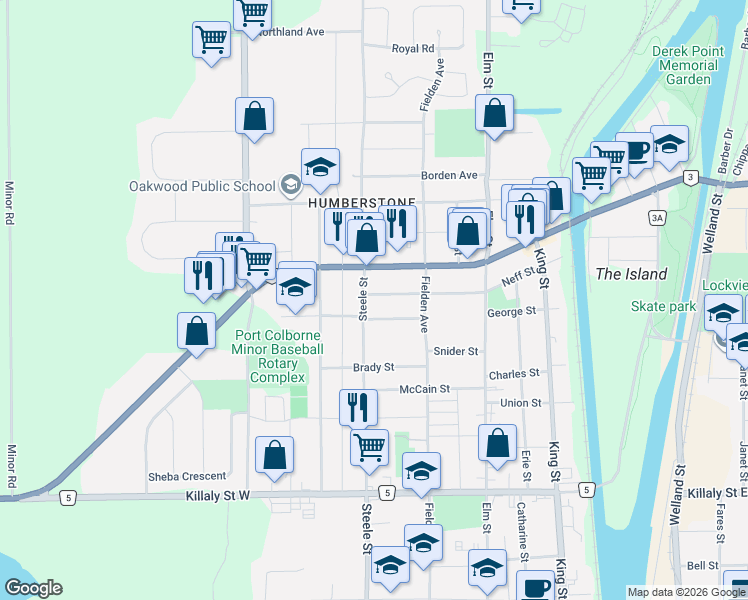 map of restaurants, bars, coffee shops, grocery stores, and more near in Port Colborne