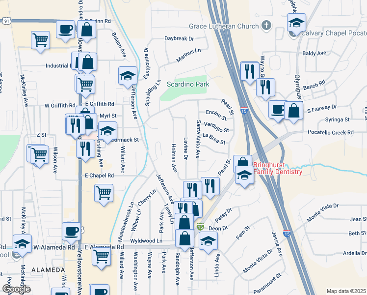 map of restaurants, bars, coffee shops, grocery stores, and more near 1245 Lavine Drive in Pocatello