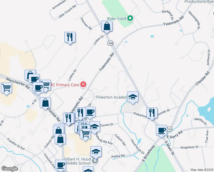 map of restaurants, bars, coffee shops, grocery stores, and more near 11 Tsienneto Road in Derry