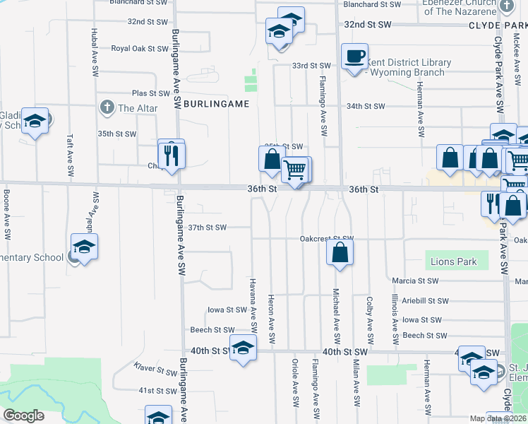 map of restaurants, bars, coffee shops, grocery stores, and more near 1396 36th Street in Wyoming