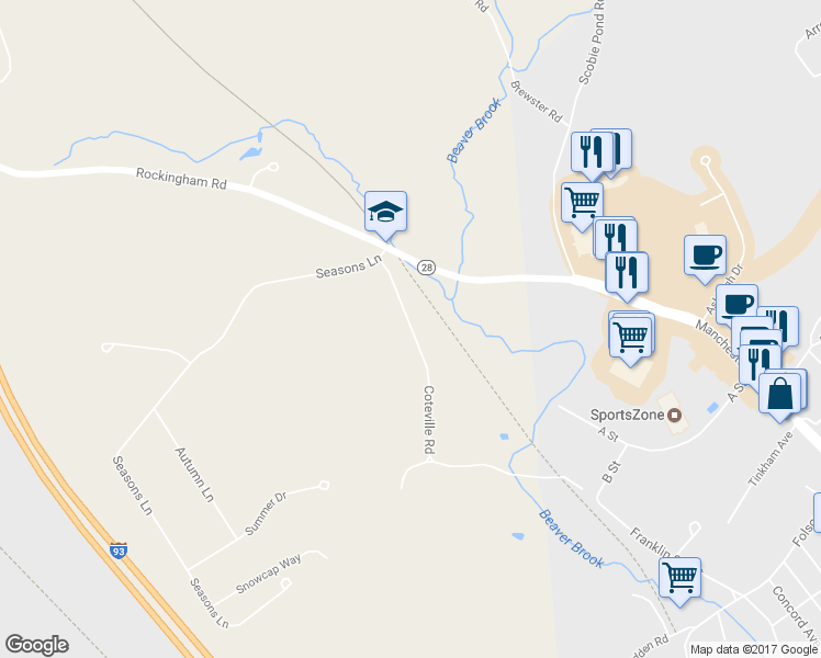 map of restaurants, bars, coffee shops, grocery stores, and more near 12 Coteville Road in Londonderry