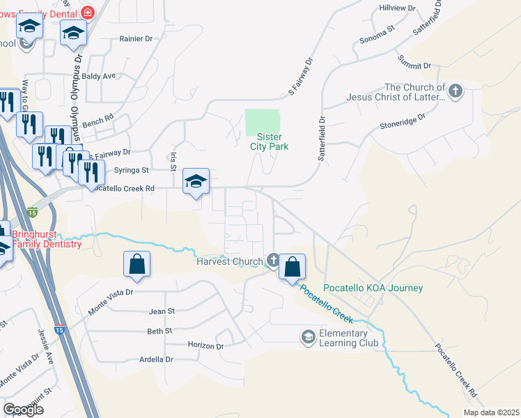 map of restaurants, bars, coffee shops, grocery stores, and more near 2225 Pocatello Creek Road in Pocatello