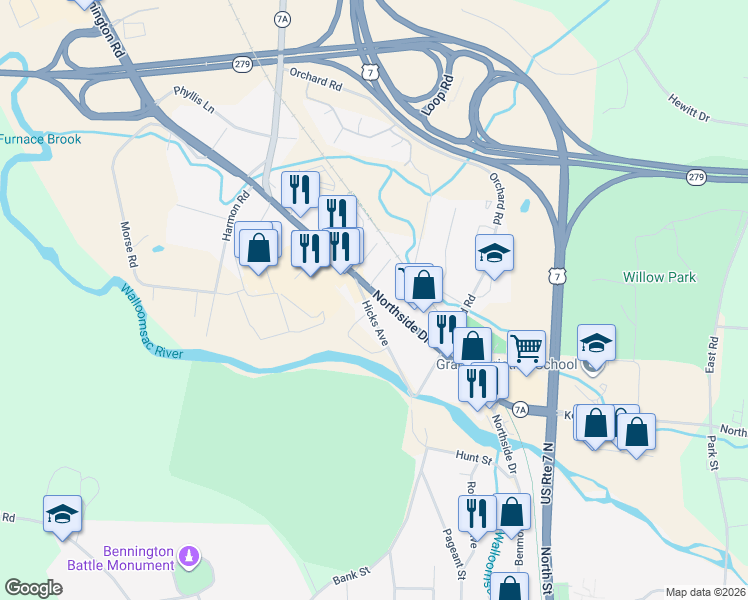 map of restaurants, bars, coffee shops, grocery stores, and more near 147 Northside Drive in Bennington County