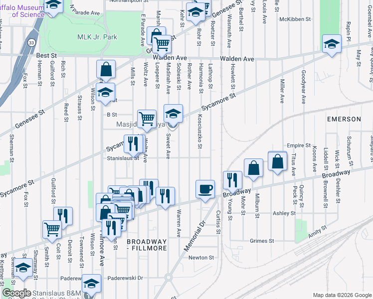 map of restaurants, bars, coffee shops, grocery stores, and more near 149 Sobieski Street in Buffalo