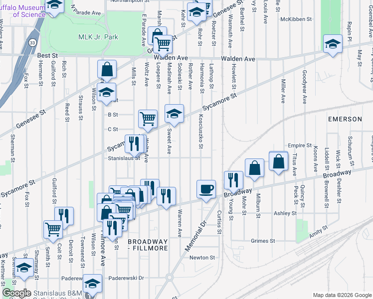 map of restaurants, bars, coffee shops, grocery stores, and more near 149 Sobieski Street in Buffalo