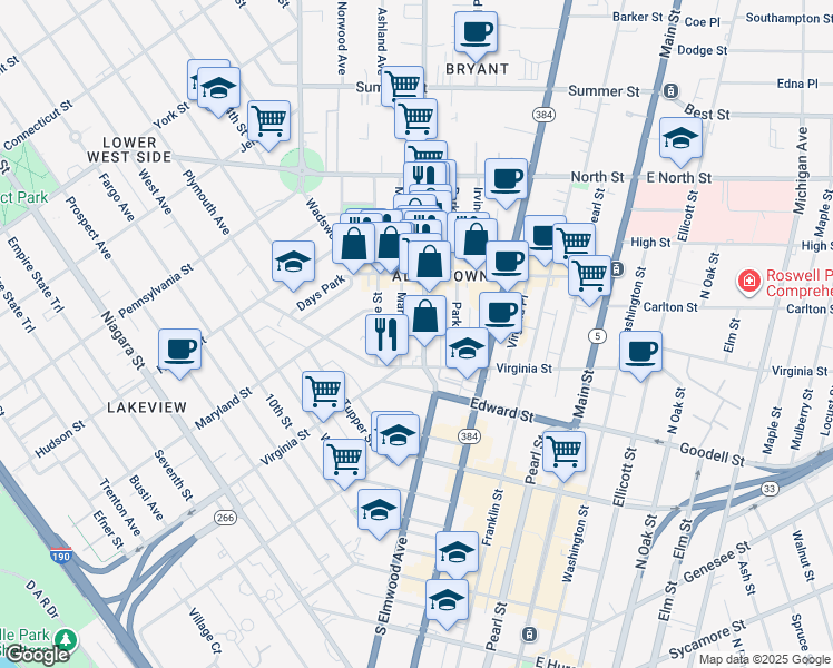map of restaurants, bars, coffee shops, grocery stores, and more near 56 Elmwood Avenue in Buffalo