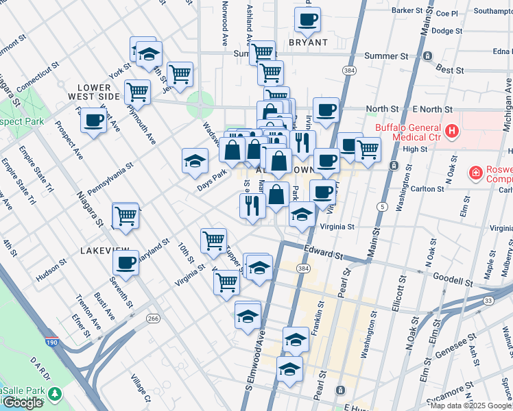 map of restaurants, bars, coffee shops, grocery stores, and more near 60 College Street in Buffalo