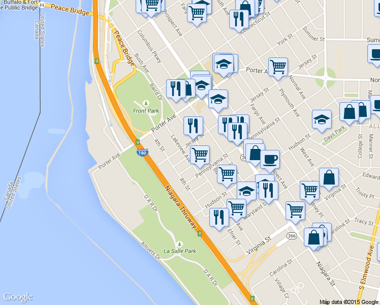 map of restaurants, bars, coffee shops, grocery stores, and more near 83 Lakeview Avenue in Buffalo