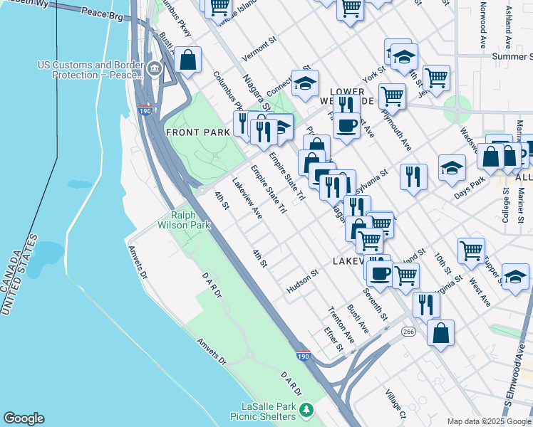 map of restaurants, bars, coffee shops, grocery stores, and more near 83 Lakeview Avenue in Buffalo
