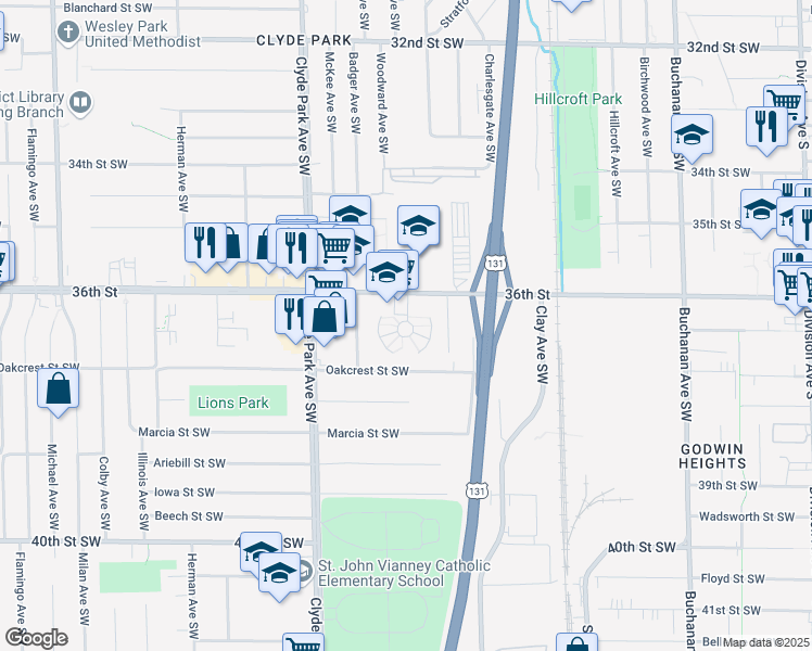 map of restaurants, bars, coffee shops, grocery stores, and more near 636 36th Street Southwest in Wyoming