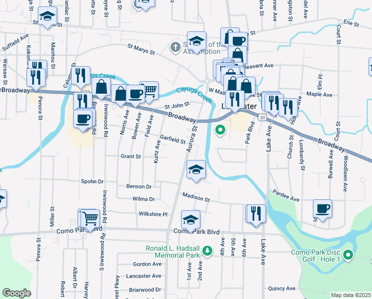 map of restaurants, bars, coffee shops, grocery stores, and more near 9 Garfield Street in Lancaster