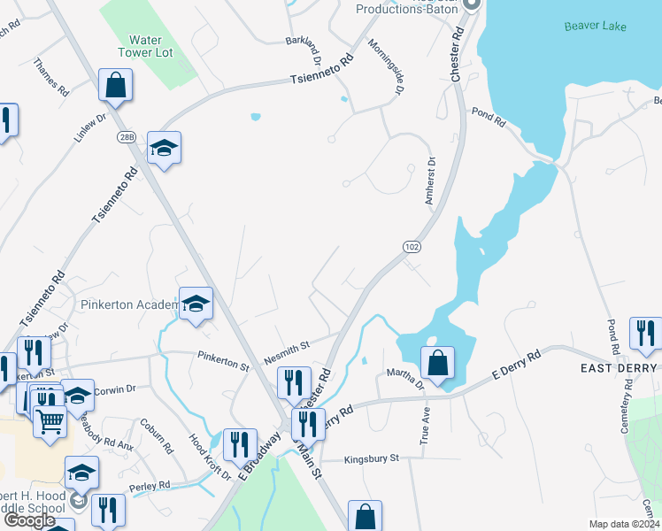 map of restaurants, bars, coffee shops, grocery stores, and more near 4 Pembroke Drive in Derry