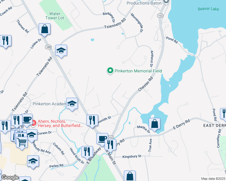 map of restaurants, bars, coffee shops, grocery stores, and more near 4 Pembroke Drive in Derry