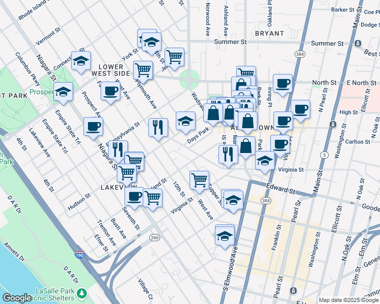 map of restaurants, bars, coffee shops, grocery stores, and more near 40 Days Park in Buffalo