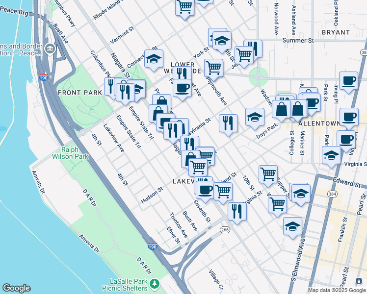 map of restaurants, bars, coffee shops, grocery stores, and more near 388 Prospect Avenue in Buffalo