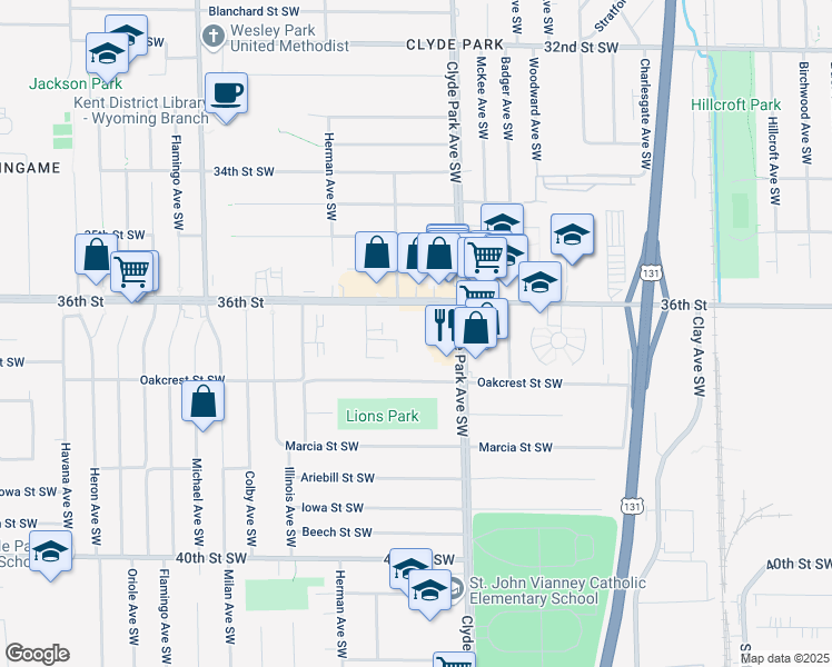 map of restaurants, bars, coffee shops, grocery stores, and more near 3614 Pine Oak Avenue Southwest in Wyoming