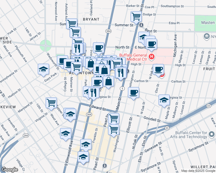 map of restaurants, bars, coffee shops, grocery stores, and more near 464 Franklin Street in Buffalo