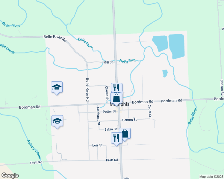 map of restaurants, bars, coffee shops, grocery stores, and more near 34825 East Maple Street in Memphis