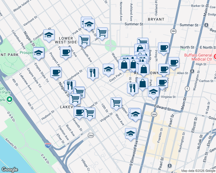 map of restaurants, bars, coffee shops, grocery stores, and more near 118 Cottage Street in Buffalo