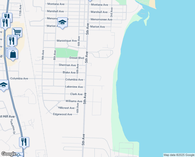 map of restaurants, bars, coffee shops, grocery stores, and more near 3344 Marina Road in South Milwaukee