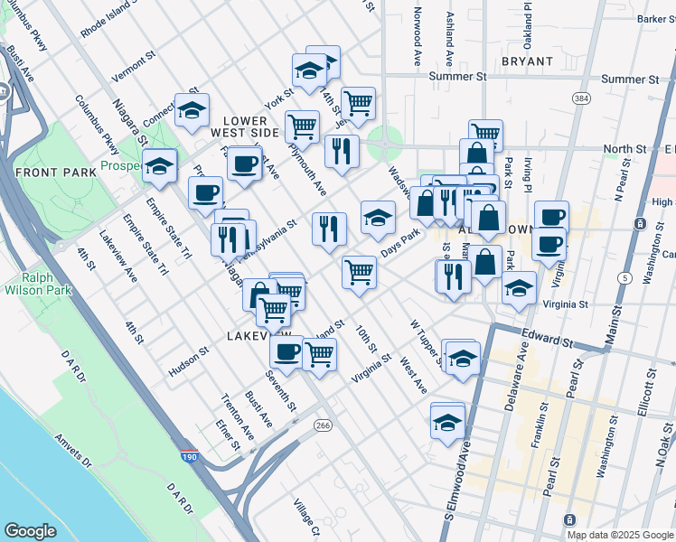 map of restaurants, bars, coffee shops, grocery stores, and more near in Buffalo