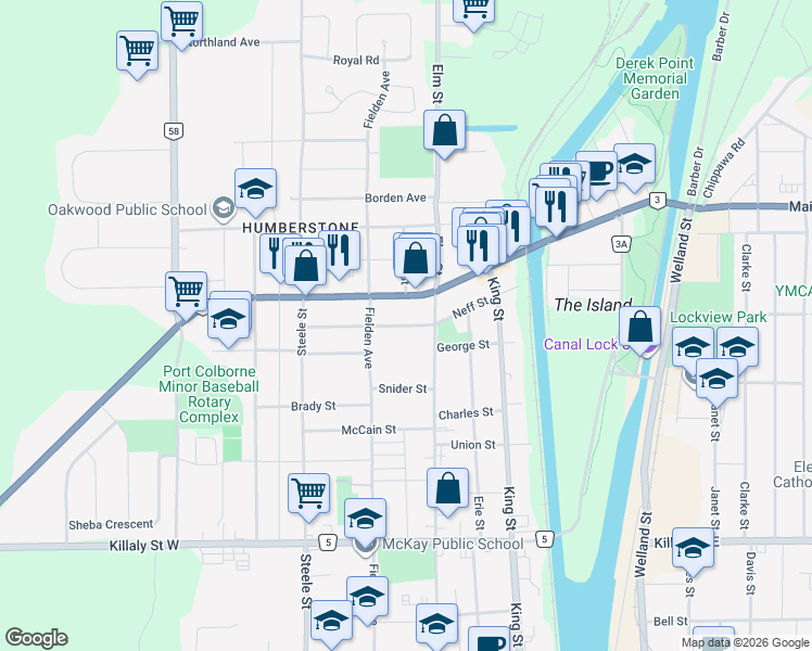 map of restaurants, bars, coffee shops, grocery stores, and more near Neff Street in Port Colborne