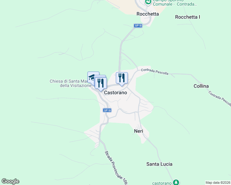 map of restaurants, bars, coffee shops, grocery stores, and more near Strada Provinciale 18 in Castorano